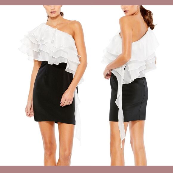 NEW $298 IEENA Mac Duggal [ 4 ] Dramatic Ruffle Cocktail Mini Dress Black‎ White - Picture 2 of 14
